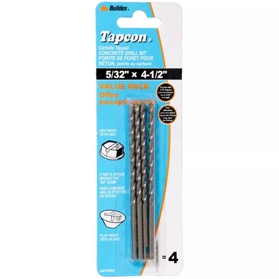 5/32" x 4-1/2" Concrete Screw Drill Bits - 4 Pack