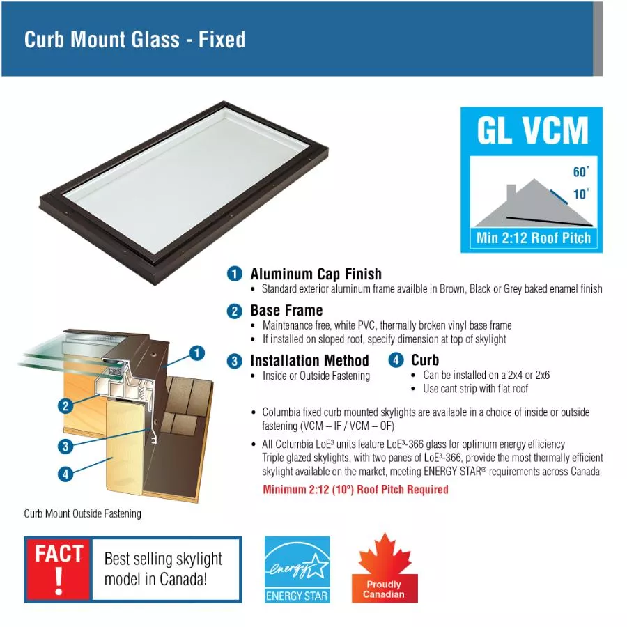 Columbia Skylights 2' x 4' Fixed Curb Mount Low-e Glass Skylight