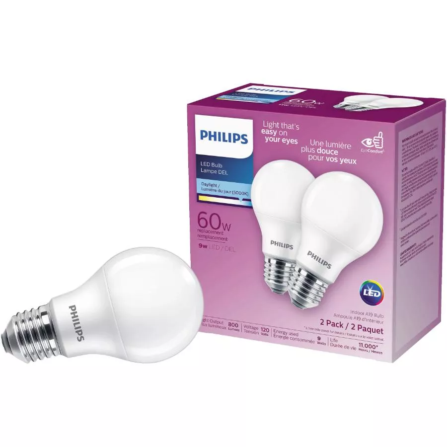 11W A19 Medium Base Daylight LED Light Bulbs - 2 Pack