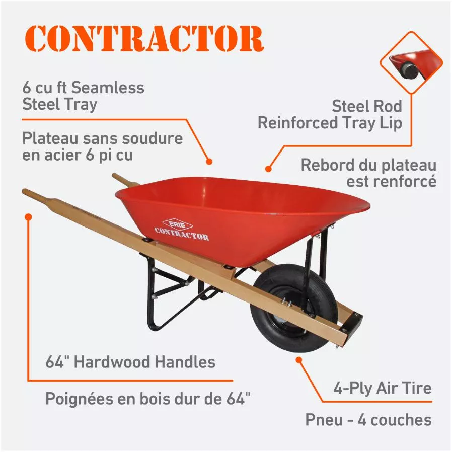 Erie 6 Cu. Ft Deluxe Steel Tray Wheelbarrow, with Wood Handles
